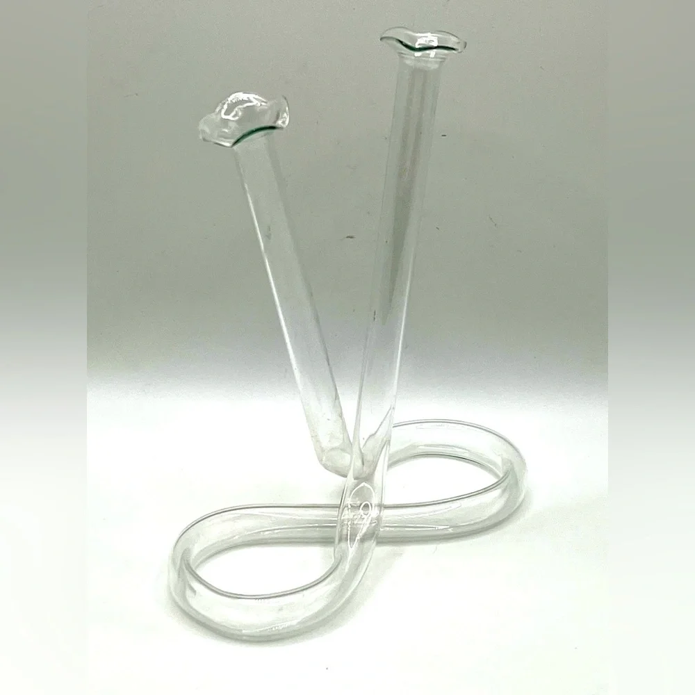 VTG Hand Blown Infinity Tube Clear Glass Double Bud Vase Ruffled Edges MCM